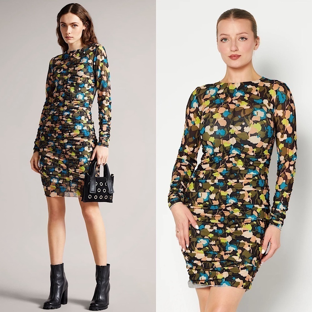 NEW TED BAKER Abstract Floral Stretch Mesh Ruched Long Sleeve Bodycon Dress 2‎